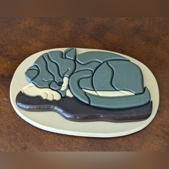 INTARSIA HAND CRAFTED 3D WOOD CARVED CAT PLAQUE WALL ART - Picture 7 of 10
